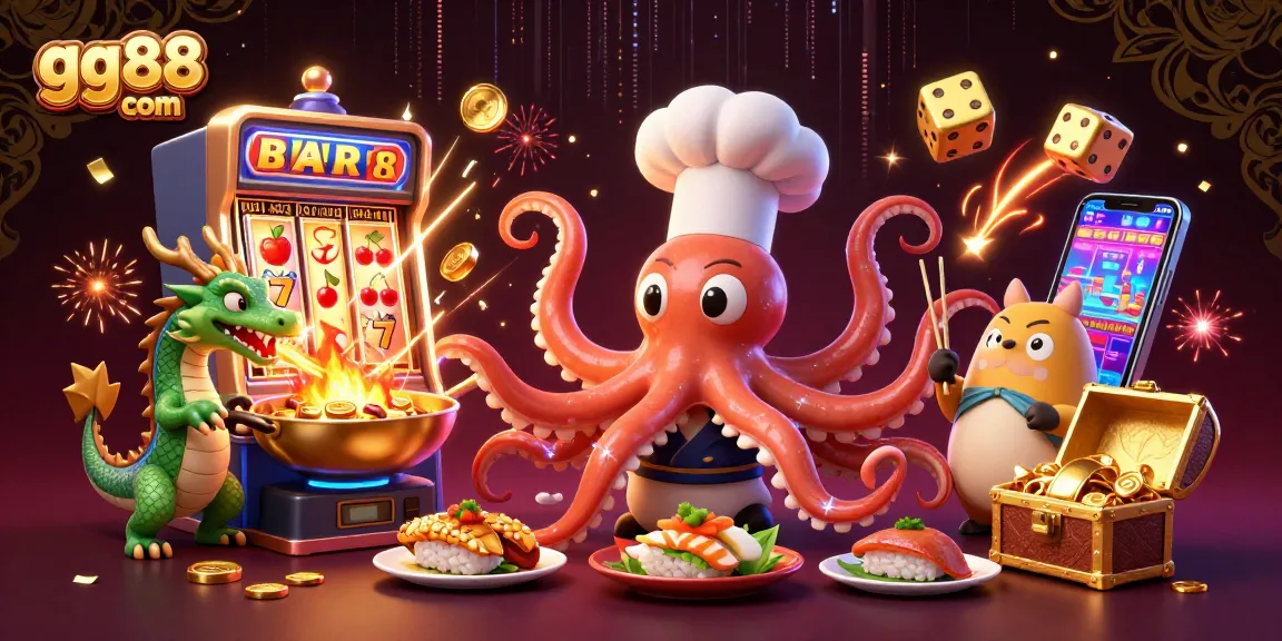 Experience the excitement of gg88 com with vibrant casino elements, a jackpot explosion, and characters in action.