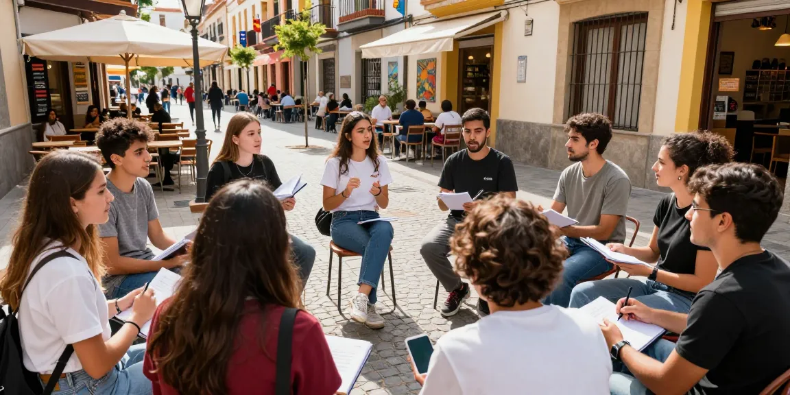 Corsi di spagnolo in Spagna con studenti che praticano abilità linguistiche in una vivace città spagnola.