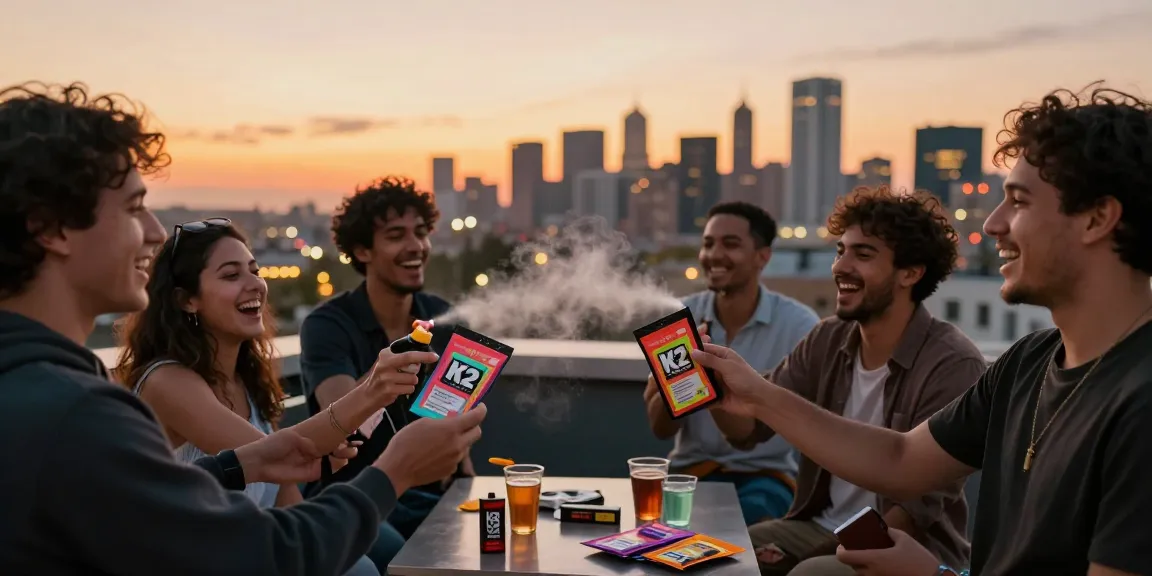 Friends enjoying Diablo K2 spray on paper at sunset on a rooftop gathering, showcasing urban lifestyle.