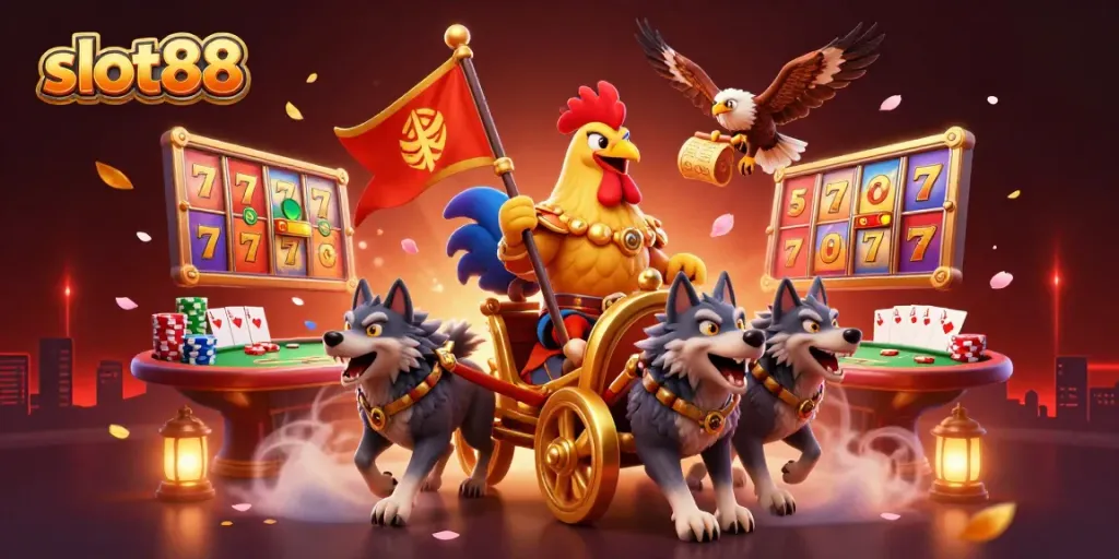Engage with thrilling slot88 action as a cartoon rooster warlord brings excitement to a vibrant casino scene.