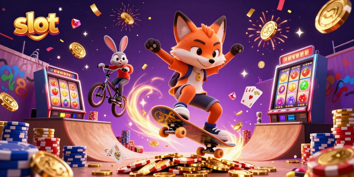 Experience spinning slot reels and winning excitement with dynamic casino characters in a colorful 3D scene.