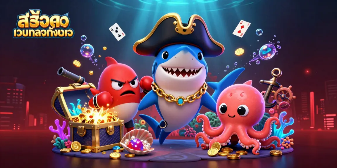 Engage withสล็อตเว็บตรงทั้งหมด as a cheerful shark pirate and friends celebrate underwater treasures.