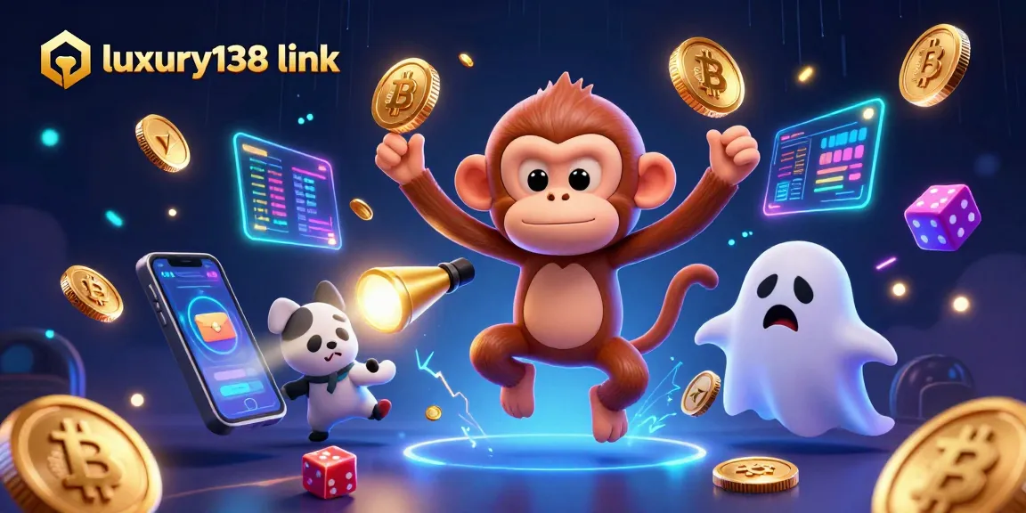 Engage with the luxury138 link in a vibrant 3D casino scene filled with golden collectibles and cryptocurrency elements.