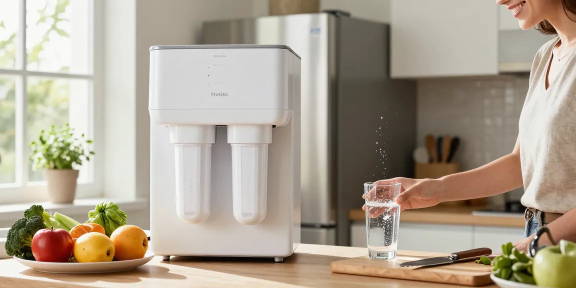 Filterlogic DA29-00003G Refrigerator Water Filter displayed in a bright kitchen, with a person filling a glass of water, showcasing healthy lifestyle.