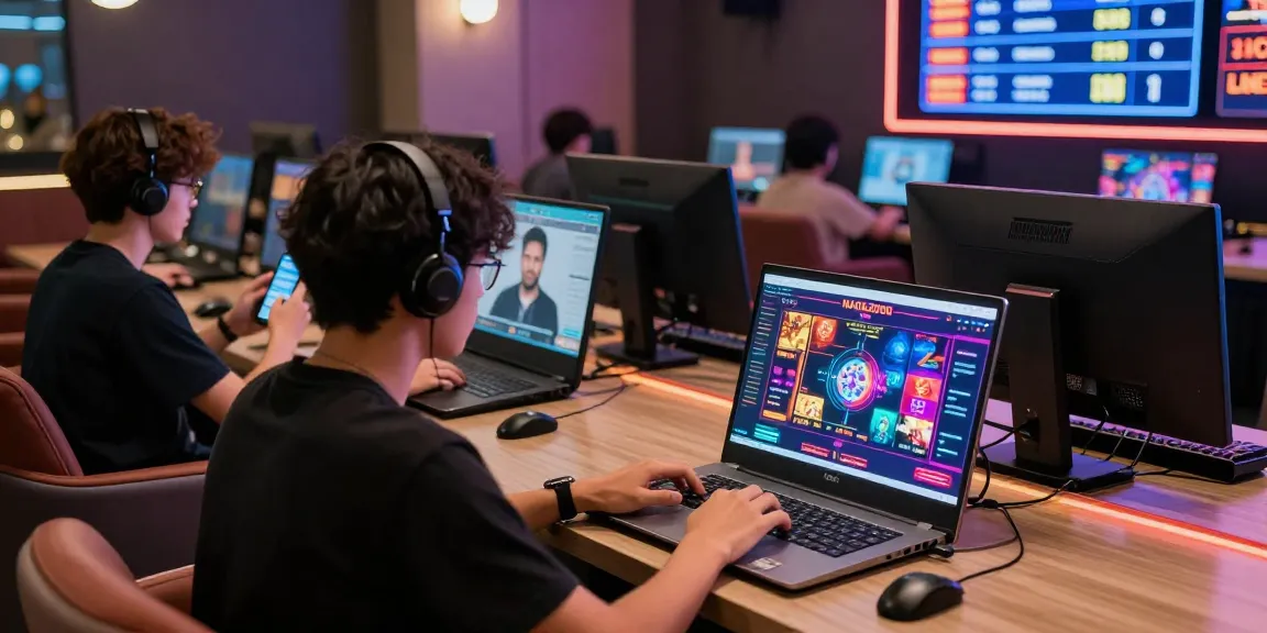 NAGA2000 users engaging in a modern iGaming lounge, showcasing gameplay on various devices with a vibrant atmosphere.