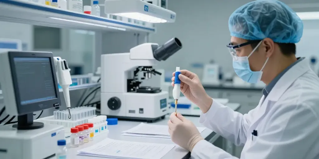 Scientist analyzing Swiss Chem peptides in a modern laboratory.