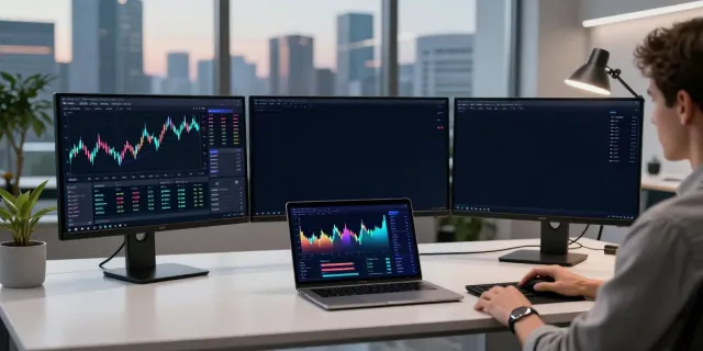 Level 2 market data API displayed on multiple screens in a modern cryptocurrency trading office setup, showcasing innovative trading analysis.