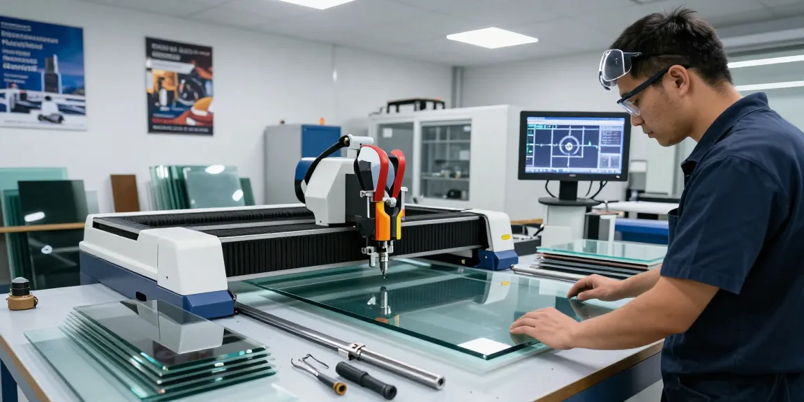 CNC glass cutting machine in a modern workshop setting with a technician focused on precision cutting.