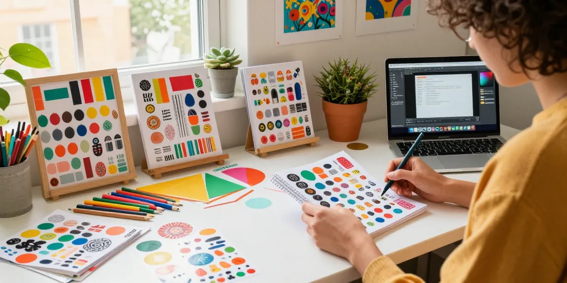 Colorful workspace with a person designing a reusable sticker book surrounded by art supplies and vibrant stickers.