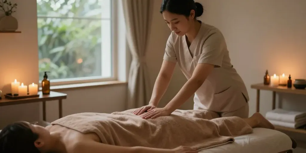김포출장마사지 session in a serene studio, showcasing a professional massage therapist working with a client.