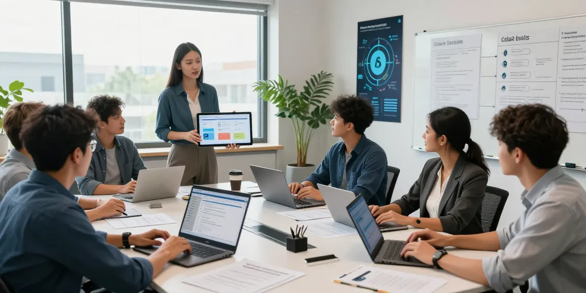 Team of IT professionals discussing cyber essentials compliance metrics in a modern office environment.