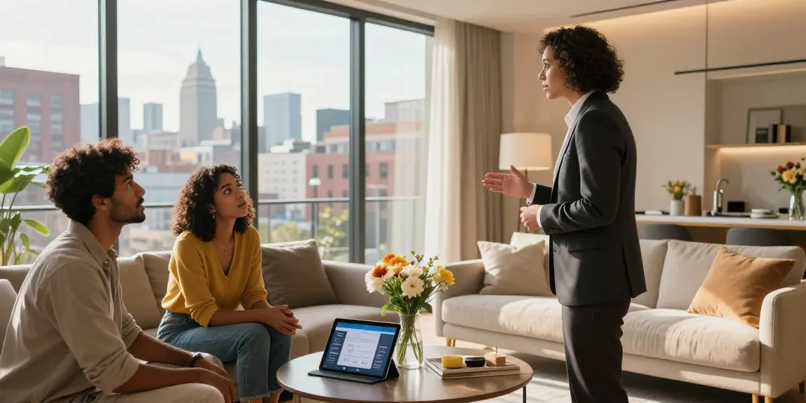 Real estate agent showcasing modern apartment at coventryat7.co.uk, highlighting urban living charm.