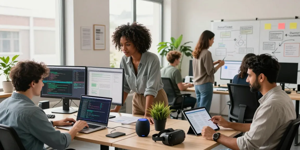 Team collaborating on AI assistant development in a modern workspace, showcasing technology integration and teamwork.