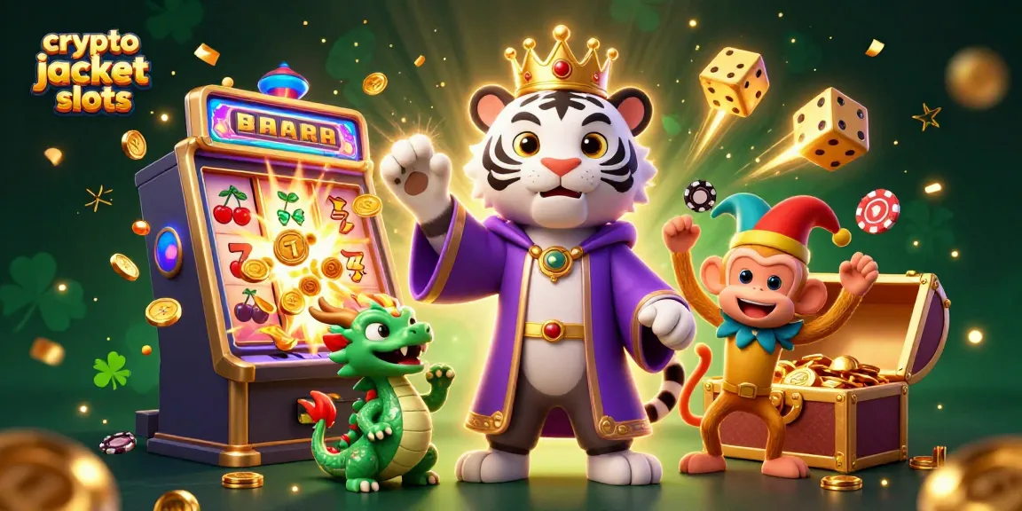 Experience thrilling action with crypto jackpot slots as a tiger, monkey, and dragon celebrate big wins.