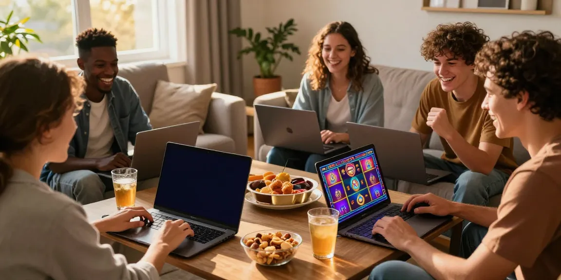 Friends enjoying slot games online in a cozy setting with vibrant screens and snacks.