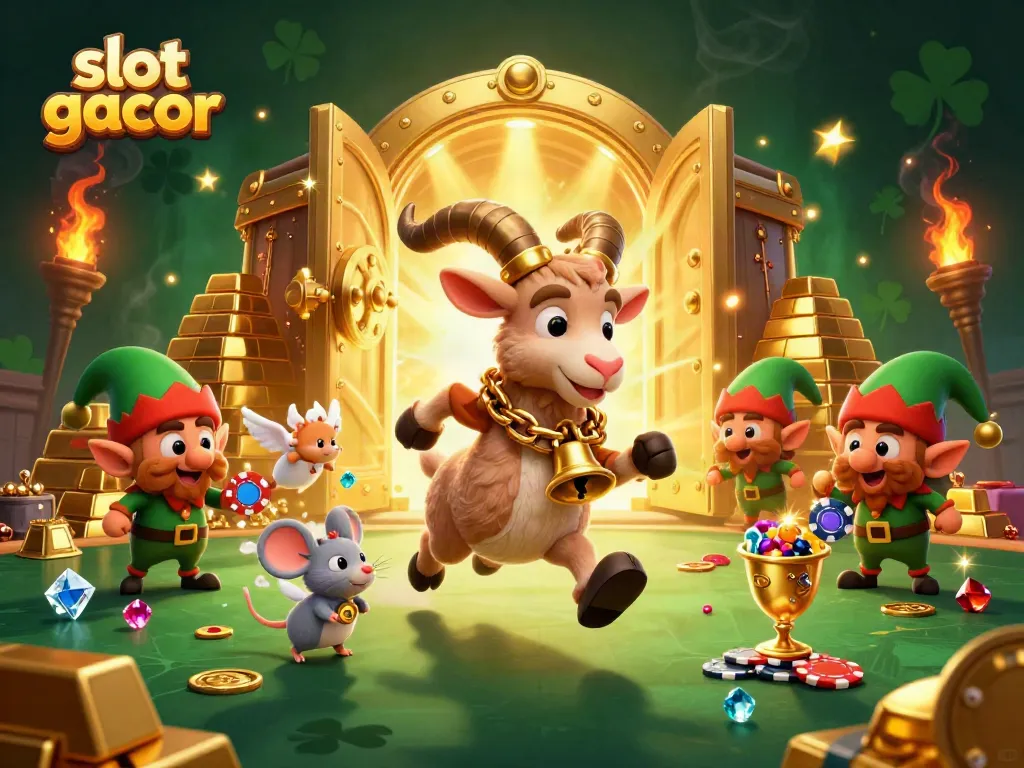 Experience the excitement of slot gacor with a lively casino scene featuring Krampus, a mouse, and gremlins.