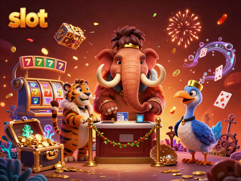 Experience the excitement of slot gaming with vibrant characters and jackpot visuals in a bustling casino.