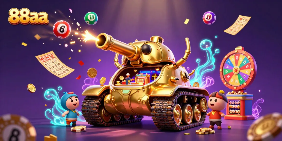 88aa engages players with a packed scene of a golden beetle tank casino amidst colorful lottery elements.