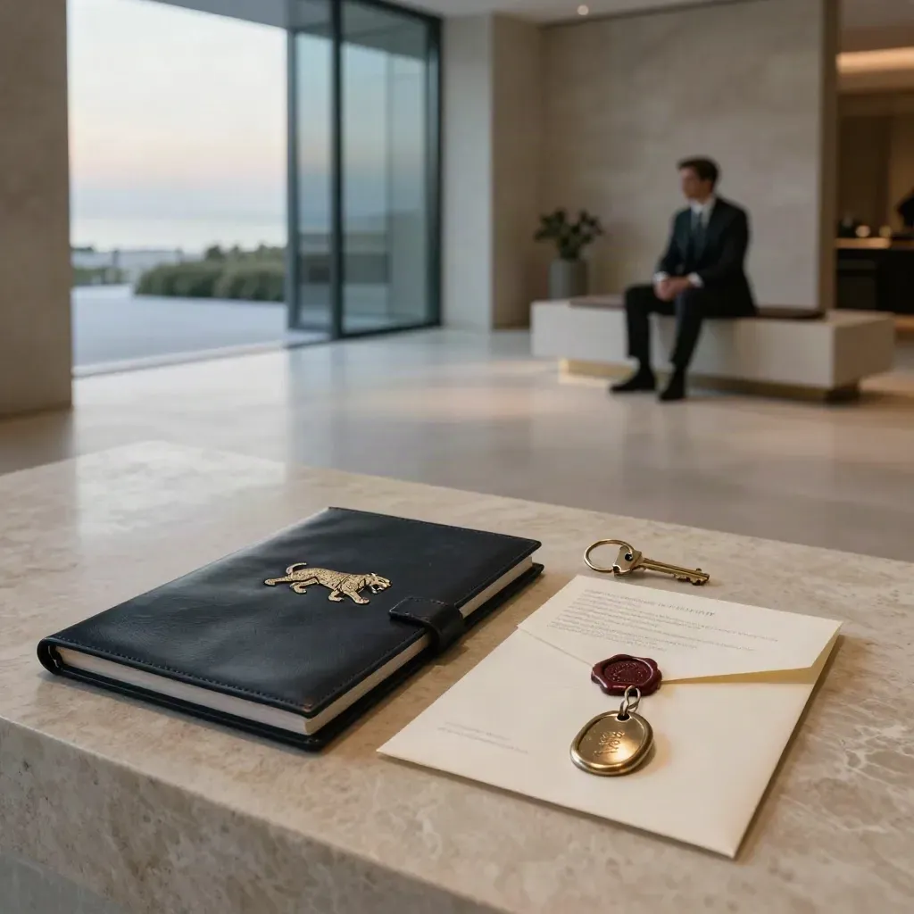 Closing folio, brass keys and escrow envelope on a stone lobby console at dawn.