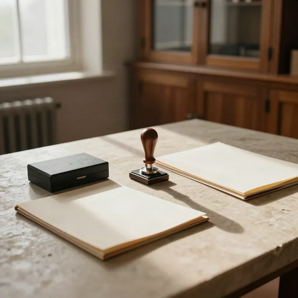 Seal press, key box and closed folios on stone in soft window light, closing complete.