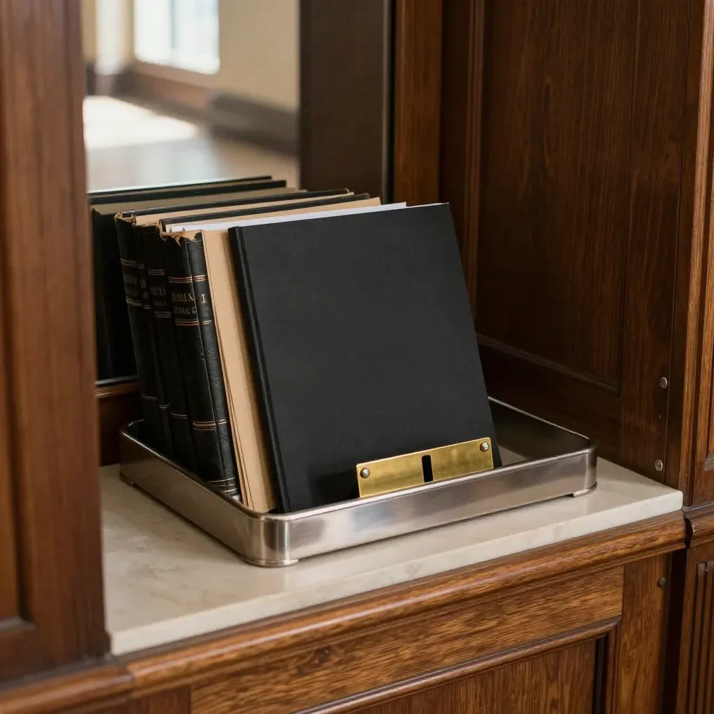 Courthouse records tray with ledger volumes, title folder, and brass divider in warm window light