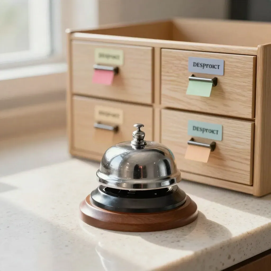Brushed-silver routing bell with organized file drawers and deposit markers on warm oak.