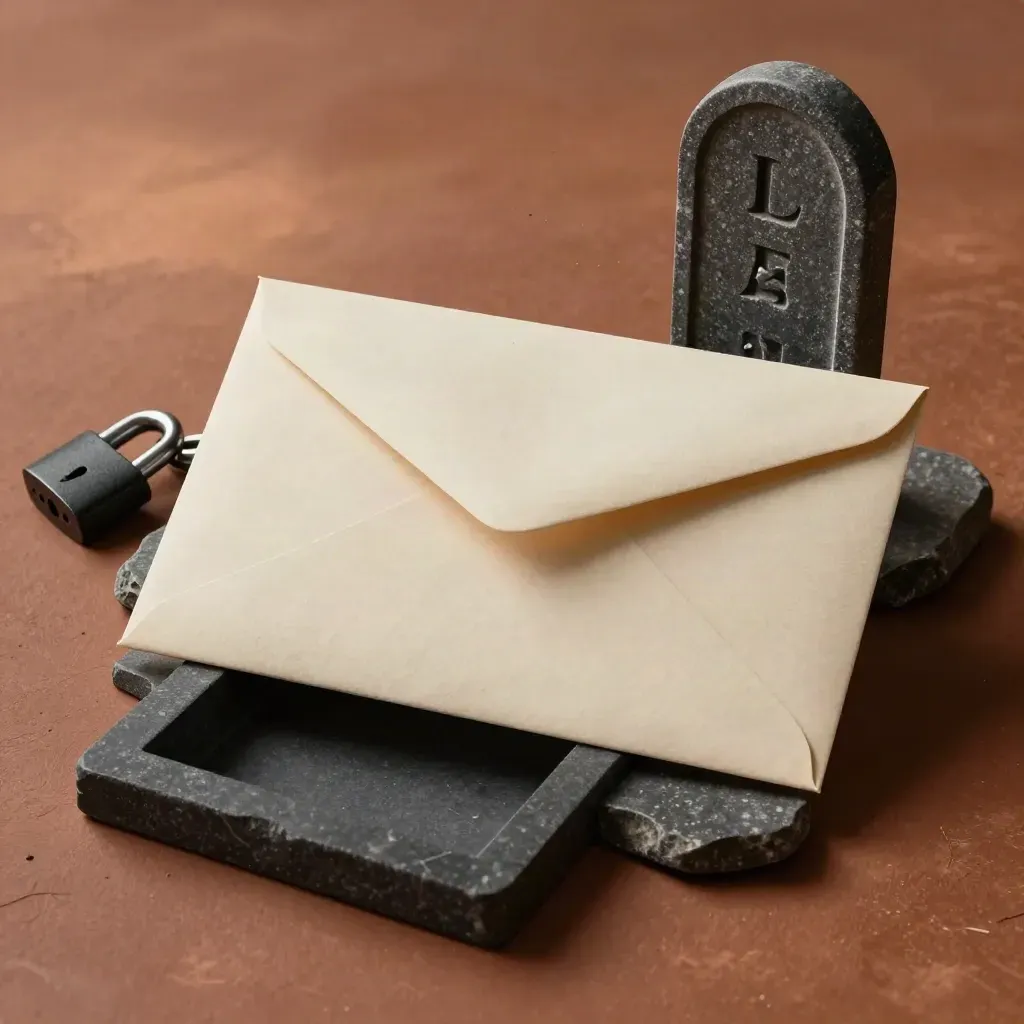 A payoff envelope, split chain lock, and empty archive slot on matte stone in warm side light.