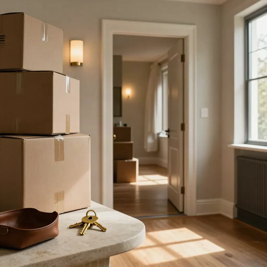 Move-in ready condo entry hall with boxes, keys on stone console, and warm light