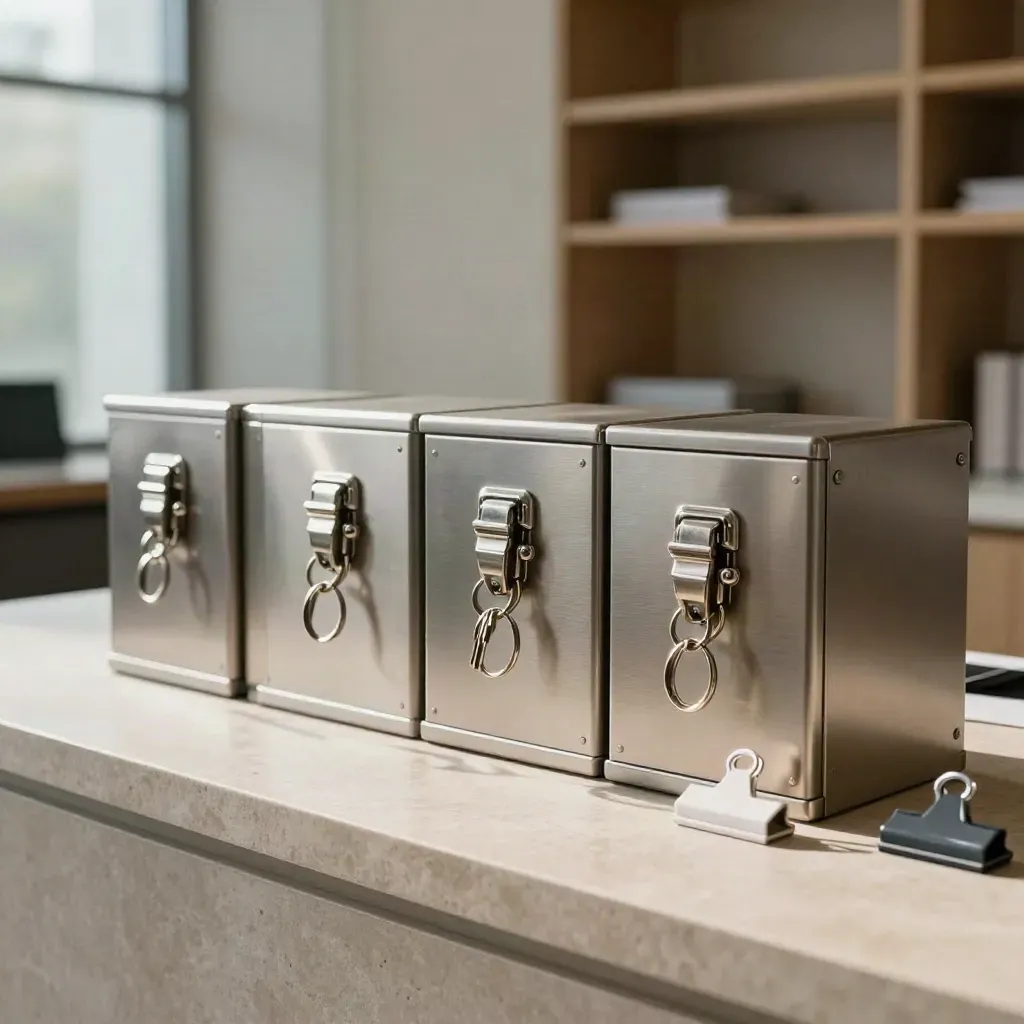 Brushed steel lockboxes, paired key rings, and sorted file clips on a stone counter.