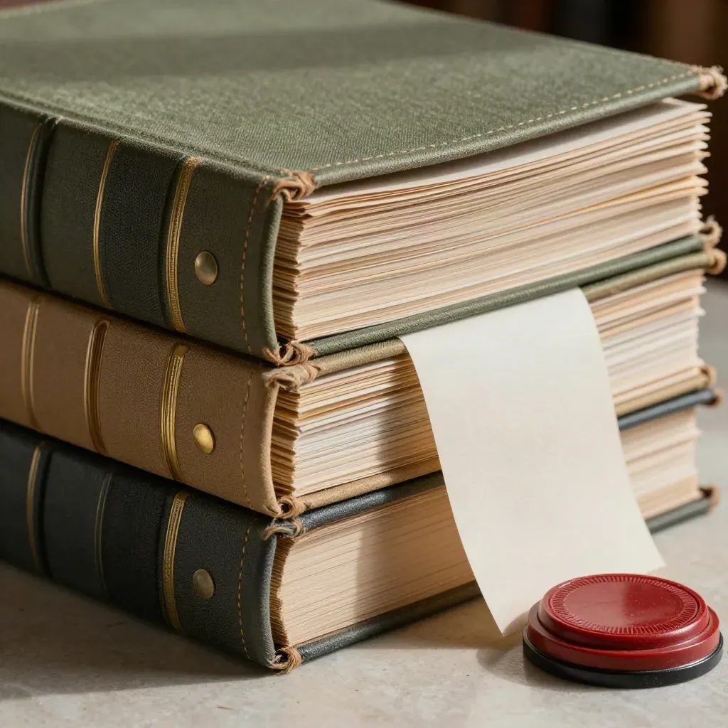 Archival title records with seal pad on cream stone, shot in soft library light.