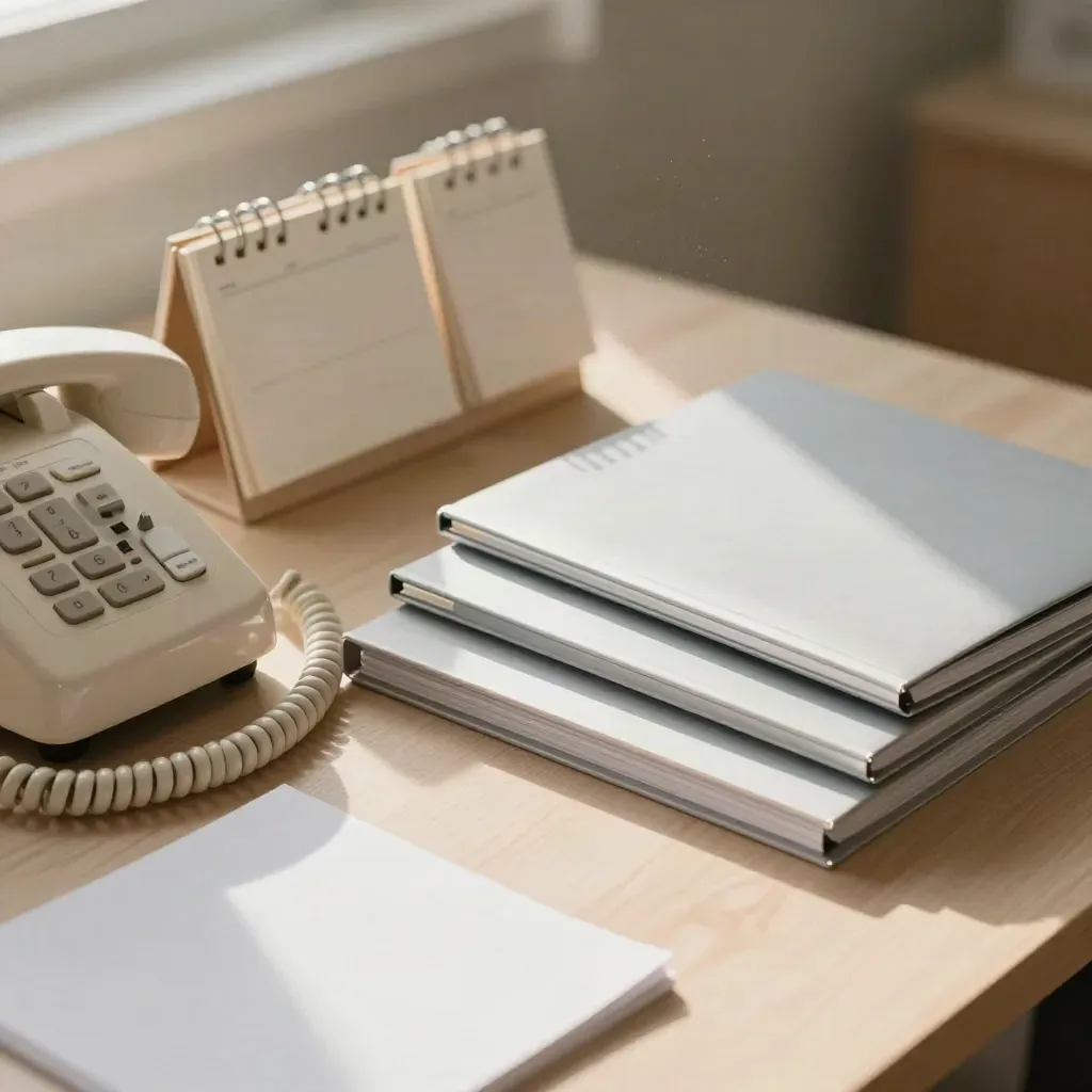 Top-down still life of desk phone, calendar blocks and folders on pale wood in soft morning light