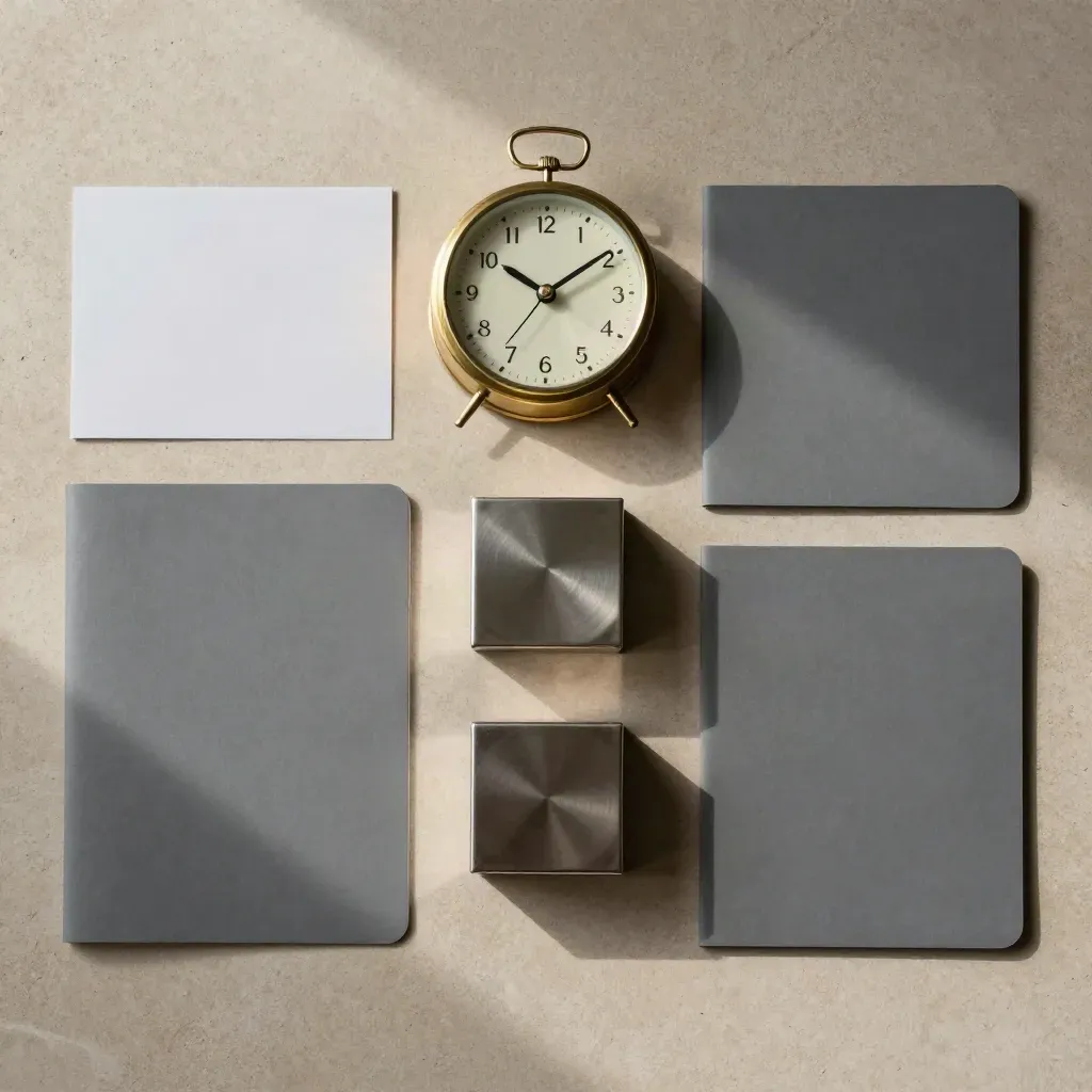 Overhead flatlay of brass clock, escrow cubes, and aligned file folders on stone.