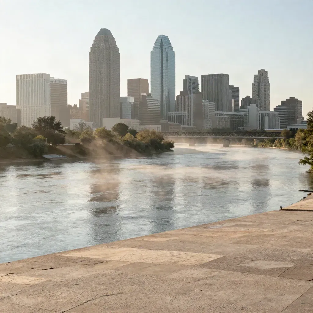 Dallas–Fort Worth skyline above a calm misty Trinity River plain at sunrise