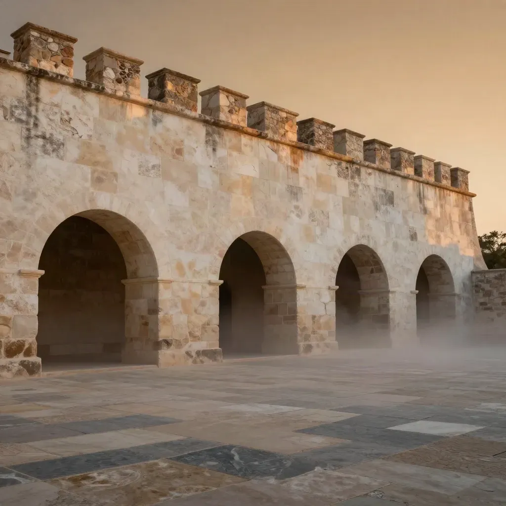 San Antonio mission limestone wall above sandy stone ground at warm dusk