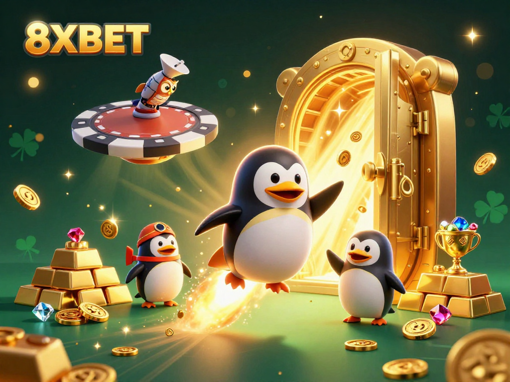 8XBET invites players to explore a thrilling casino universe with a golden penguin and treasures.