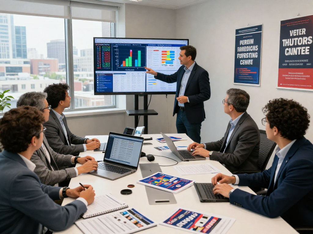 Hulu political ads analysis in a vibrant campaign office, showcasing strategic team discussions.