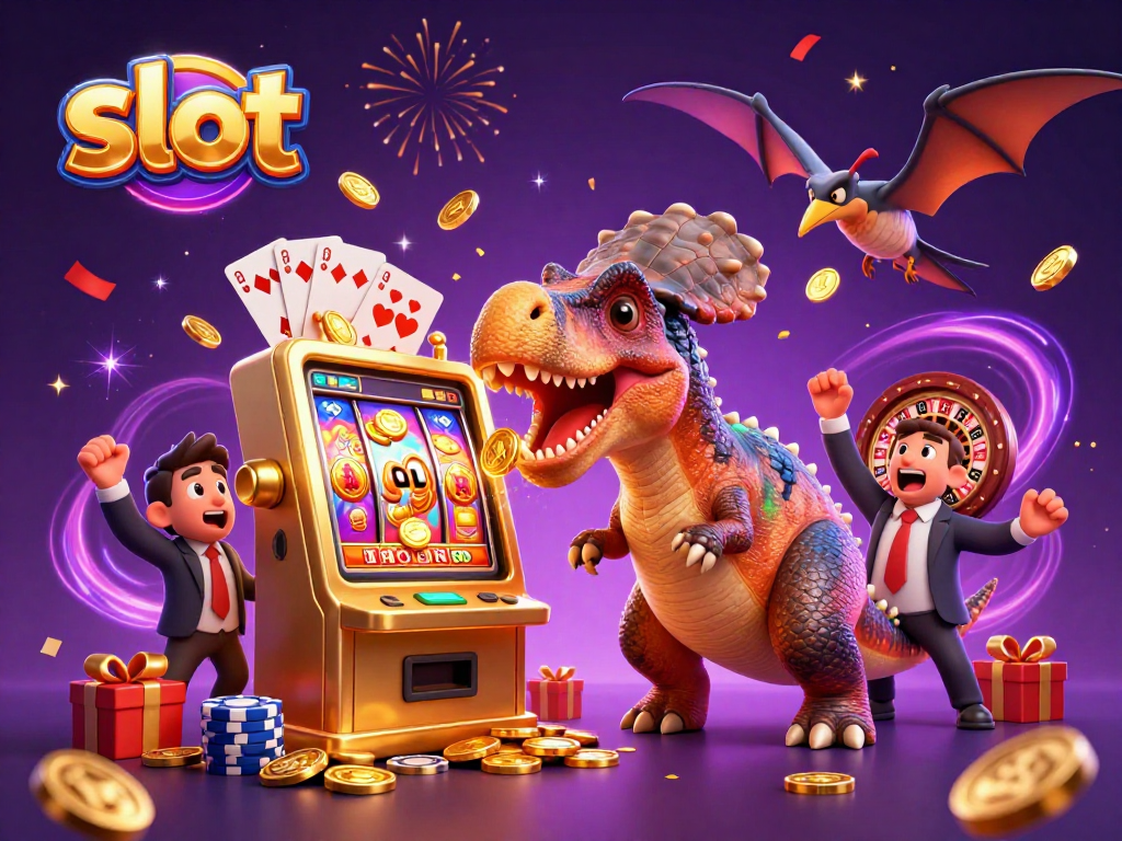 Watch a pachycephalosaurus hit a slot machine while coins burst from a smartphone in this colorful casino scene.