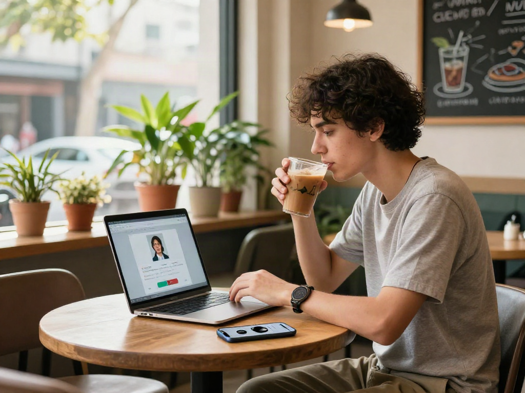 Young adult analyzing how old do I look at a café with a laptop and coffee.