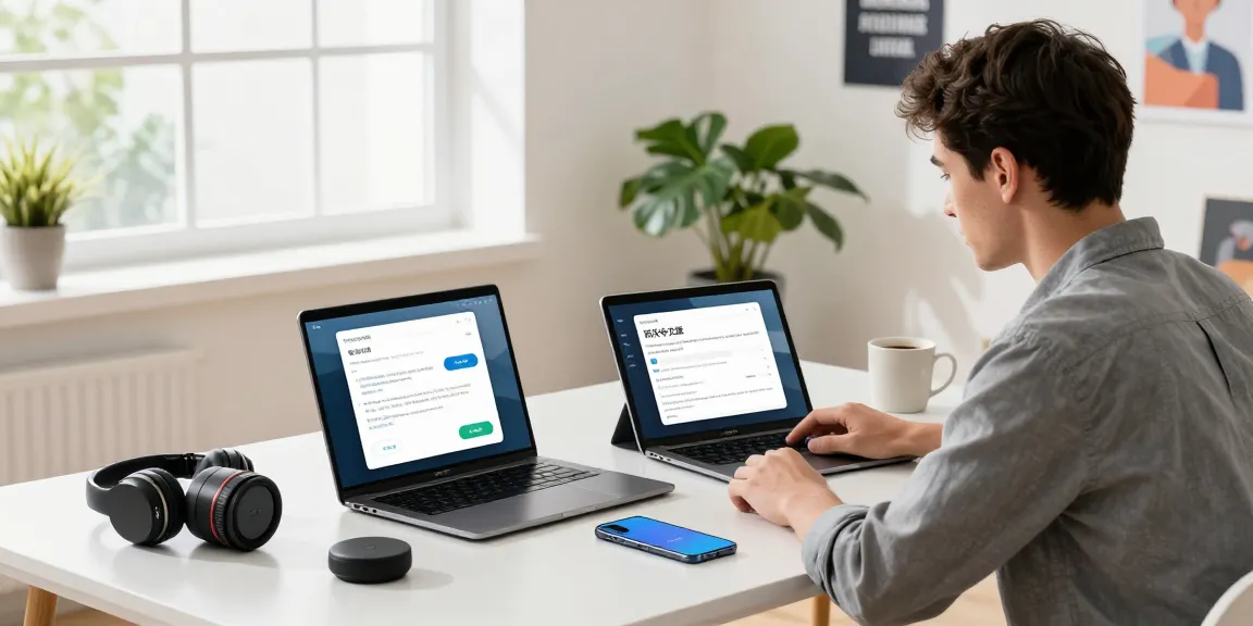 Engaging professional configuring 稿纸飞机中文版 on various devices in a bright home office.