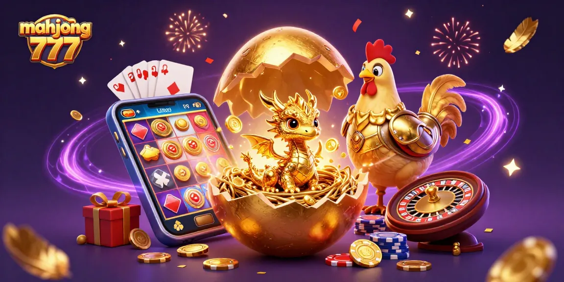 Play mahjong 777 in a vibrant scene with a golden dragon, coins, and gaming elements.