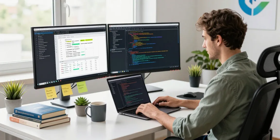 Software engineer coding at workspace with monitors and coffee, showcasing teiegramin.com.