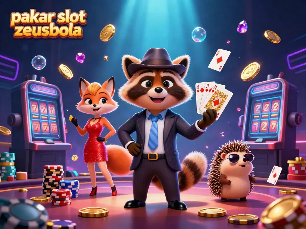 Engage with pakar slot zeusbola in a dynamic casino scene featuring a raccoon, fox, and hedgehog surrounded by vibrant game elements.