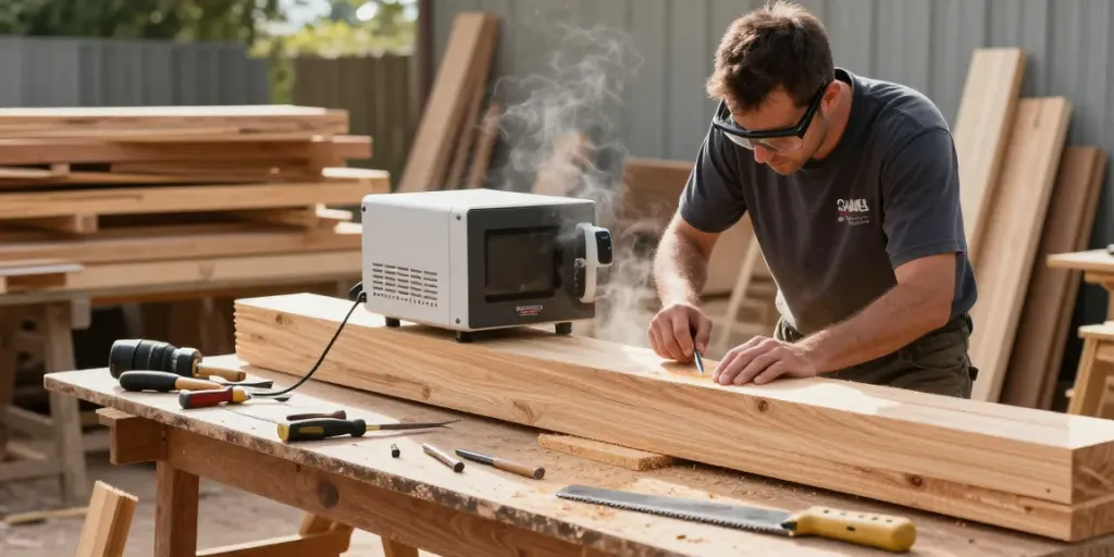 SHASHEL® microwave equipment effectively eliminates wood-boring insects in a workshop environment.