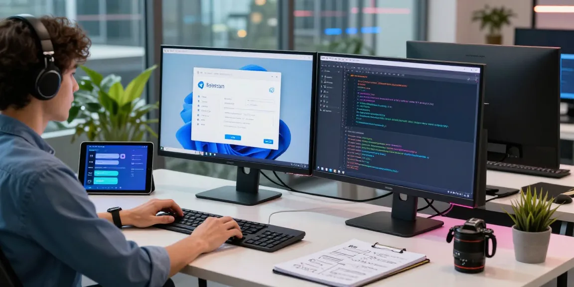 Developer using 纸飞机中文版 in a modern workspace, showcasing innovative software tools and vibrant technology.