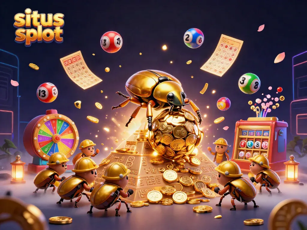 Experience the excitement of situs slot with vibrant scenes of animated beetles rolling golden coins and casino elements.