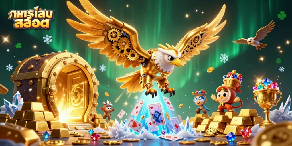 เล่นเกมสล็อตสนุกๆ กับภาพที่มีอินทรีย์ทองคำไฮเทคและการ์ดเกมหลายใบที่ล่องลอยอยู่