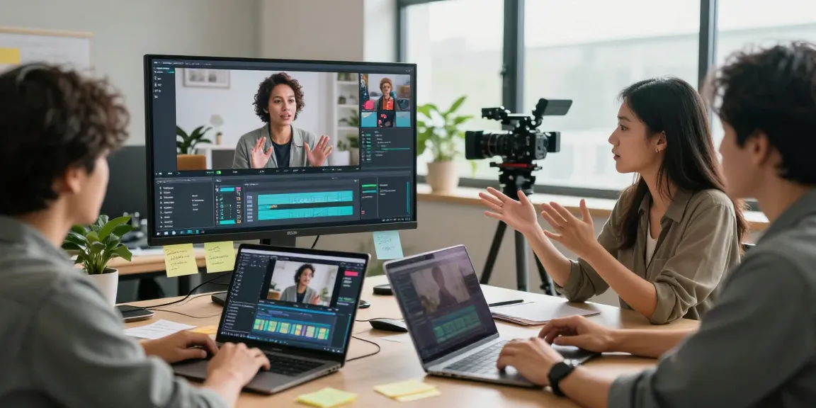 Professional analyzing video to prompt with team collaboration in a vibrant workspace.