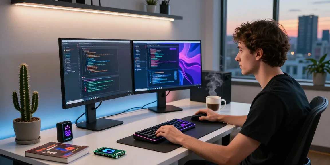 Developer using openclaw in a modern workspace, showcasing dual monitors with vibrant code and tech gadgets in a creative environment.