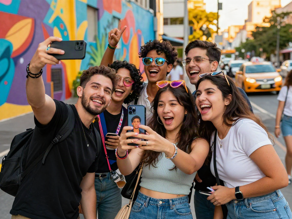 Group of friends exploring which celebrity looks like a celebrity while taking selfies in a vibrant urban setting.
