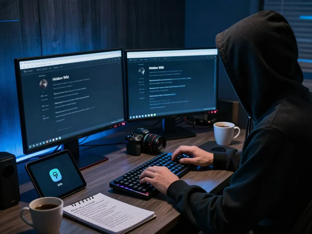 Anonymous user navigating the hidden wiki onion links on dual monitors in a dark web exploration scene.
